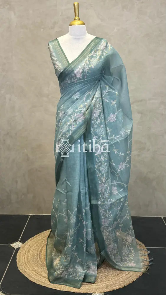 LINEN APPLIQUE EMBROIDERY SAREE - PEACOCK TEAL