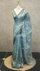 LINEN APPLIQUE EMBROIDERY SAREE - PEACOCK TEAL