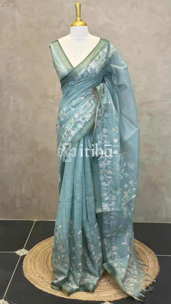 LINEN APPLIQUE EMBROIDERY SAREE - PEACOCK TEAL