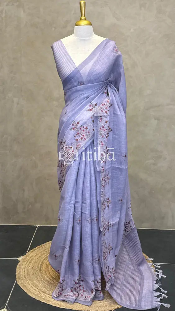 LINEN EMBROIDERY SAREE - LAVENDER