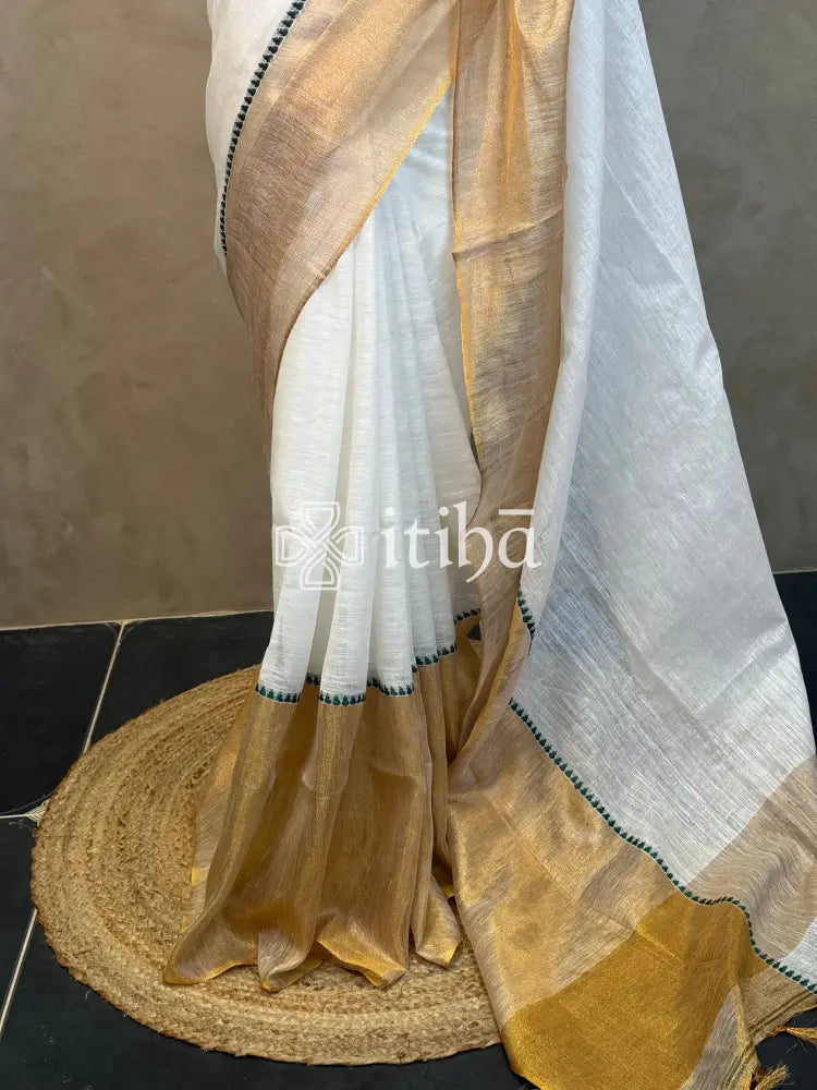 LINEN GREEN TEMPLE BORDER SAREE