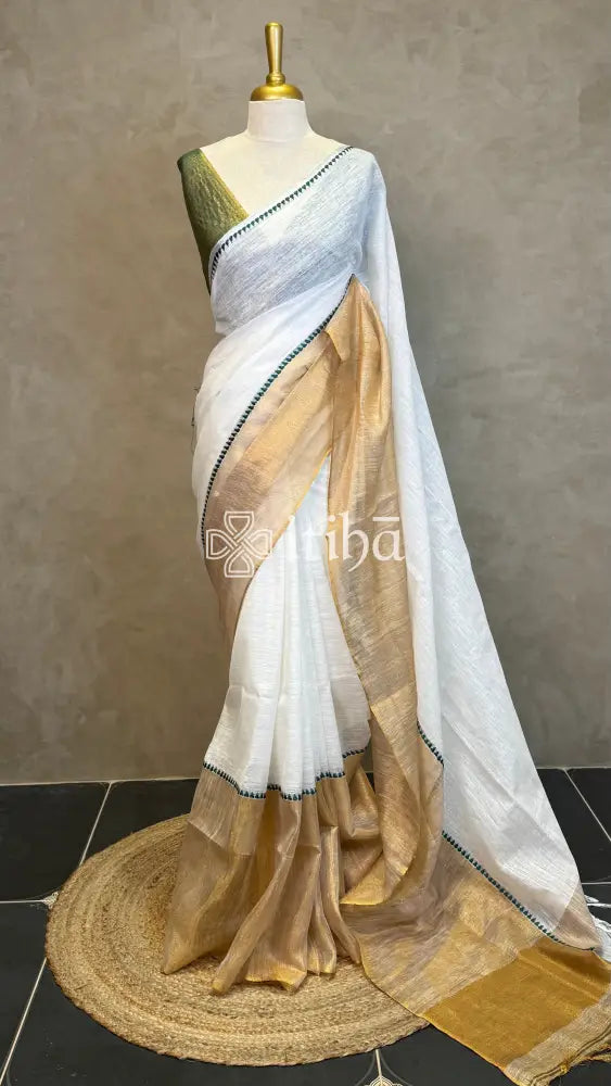 LINEN GREEN TEMPLE BORDER SAREE