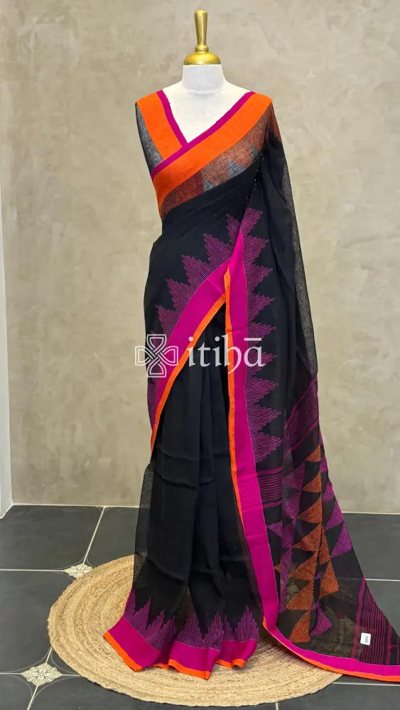 LINEN HANDLOOM SAREE - Black
