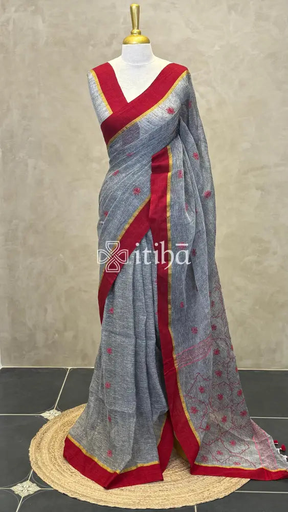 LINEN HANDLOOM SAREE - CHARCOAL GREY