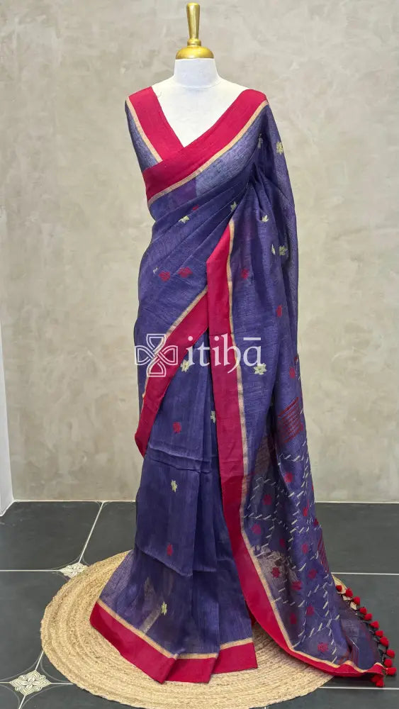 LINEN HANDLOOM SAREE - DARK BLUE