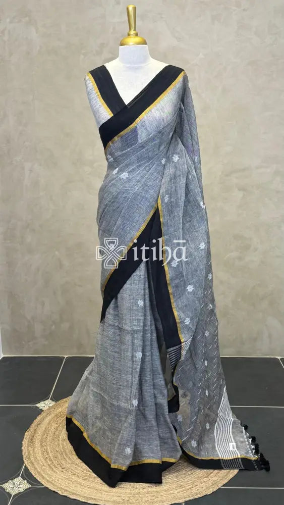 LINEN HANDLOOM SAREE - Grey