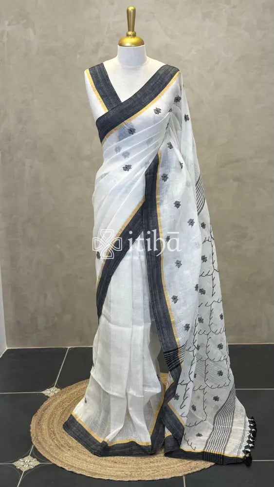 LINEN HANDLOOM SAREE - IVORY WHITE