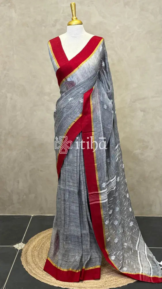 LINEN HANDLOOM SAREE - LIGHT GREY