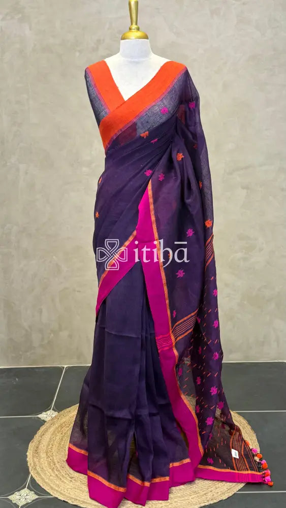 LINEN HANDLOOM SAREE - VIOLET