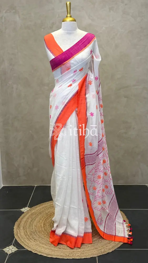 LINEN HANDLOOM SAREE - White