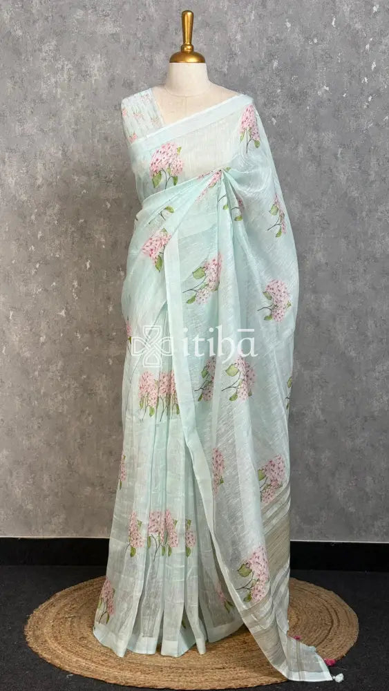LINEN PRINTED SAREE - light blue