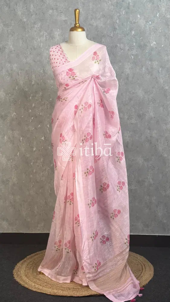 LINEN PRINTED SAREE - LIGHT PINK