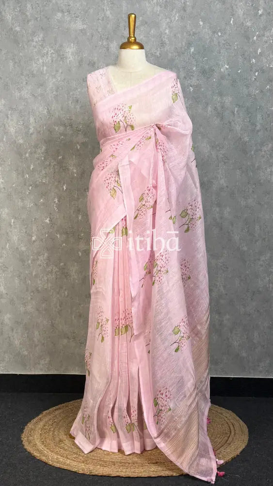 LINEN PRINTED SAREE - LIGHT PINK