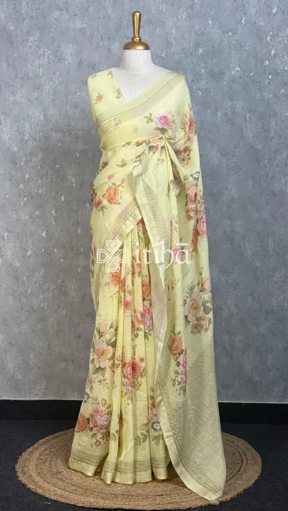 LINEN PRINTED SAREE - LIGHT YELLOW