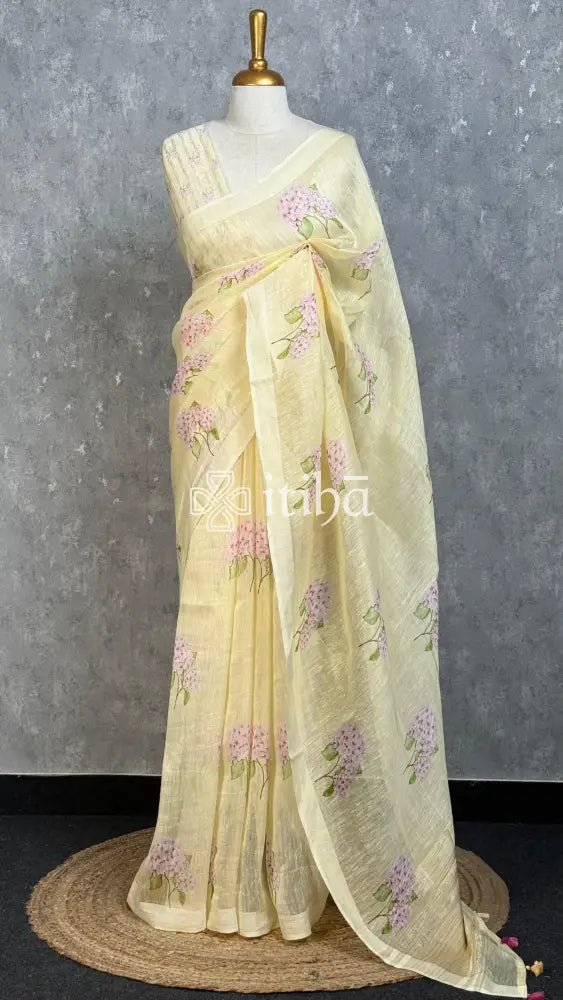 LINEN PRINTED SAREE - LIGHT YELLOW
