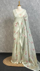 LINEN PRINTED SAREE - MINT GREEN