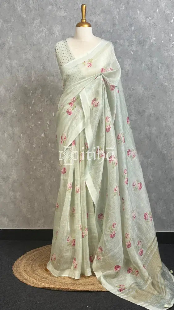 LINEN PRINTED SAREE - MINT GREEN