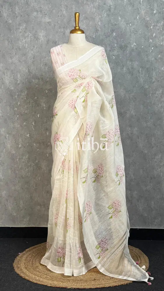 LINEN PRINTED SAREE - OFF WHITE