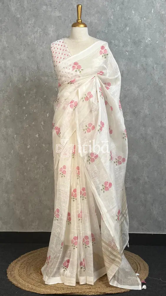 LINEN PRINTED SAREE - OFF WHITE