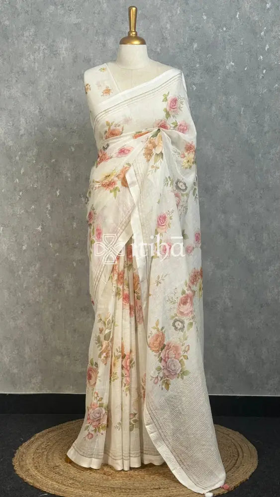 LINEN PRINTED SAREE - OFF WHITE
