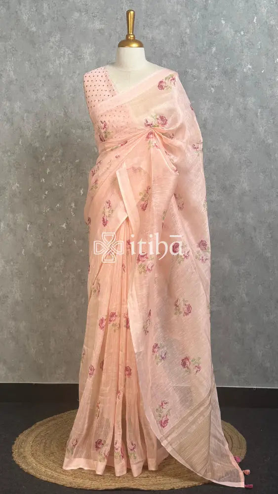 LINEN PRINTED SAREE - PEACH