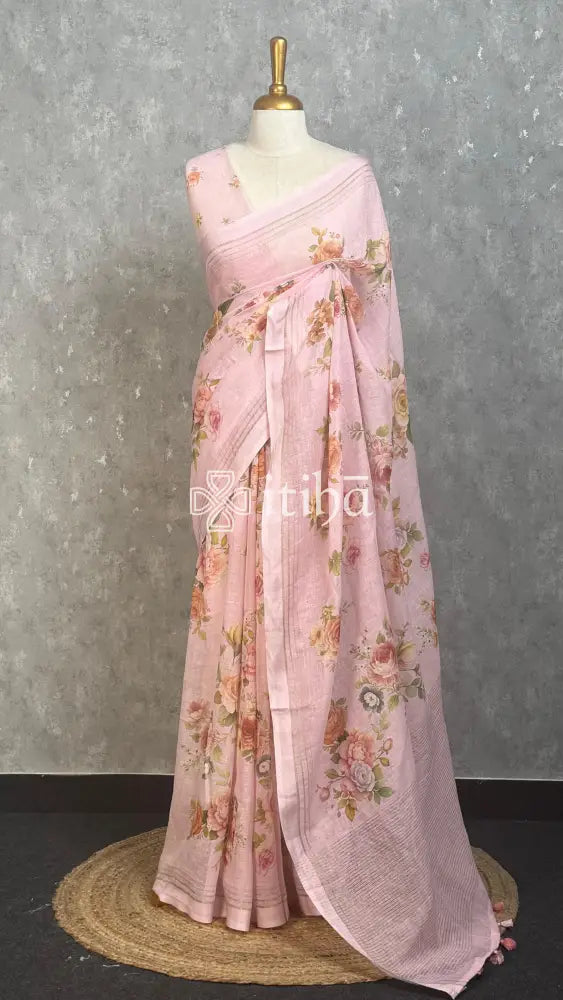 LINEN PRINTED SAREE - PEACH PINK
