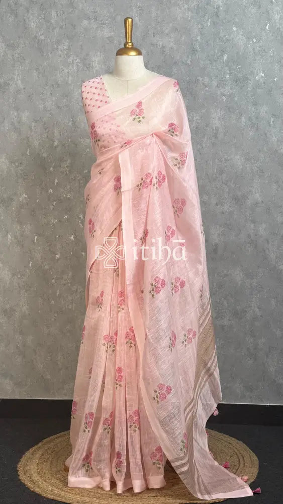 LINEN PRINTED SAREE - PEACH PINK