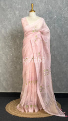 LINEN PRINTED SAREE - PEACH PINK