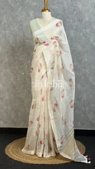 LINEN PRINTED SAREE - White