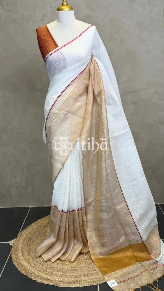 LINEN RED TEMPLE BORDER SAREE