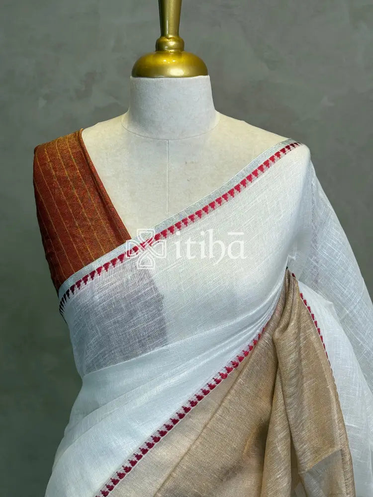 LINEN RED TEMPLE BORDER SAREE