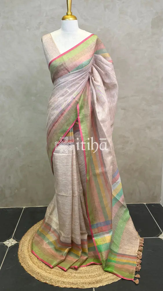 LINEN SAREE - LIGHT OLIVE GREEN