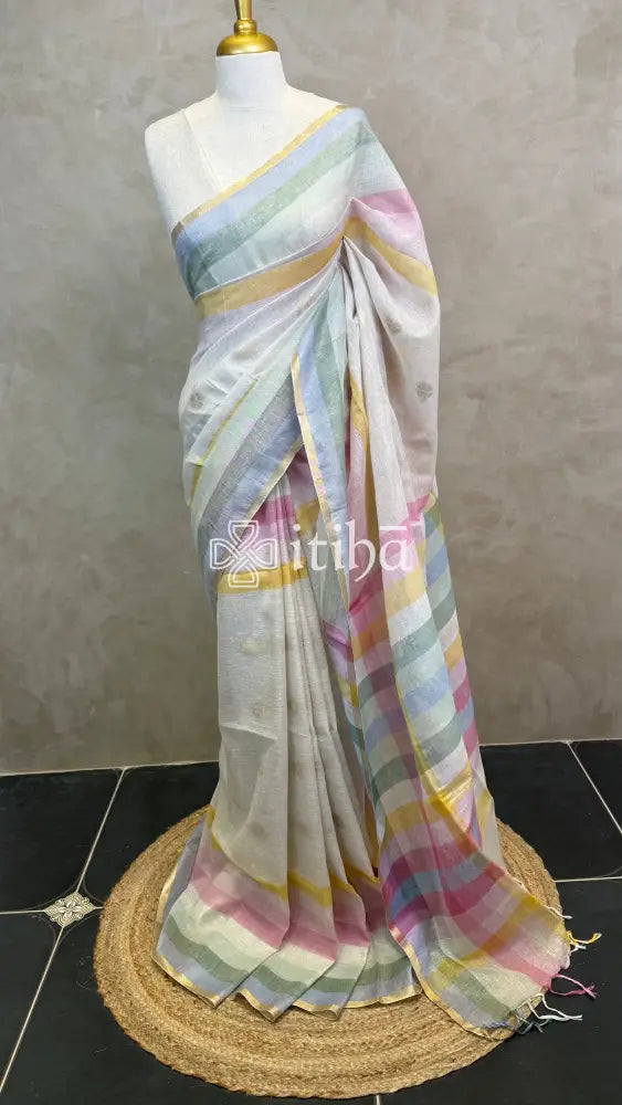 LINEN SAREE - OFF WHITE
