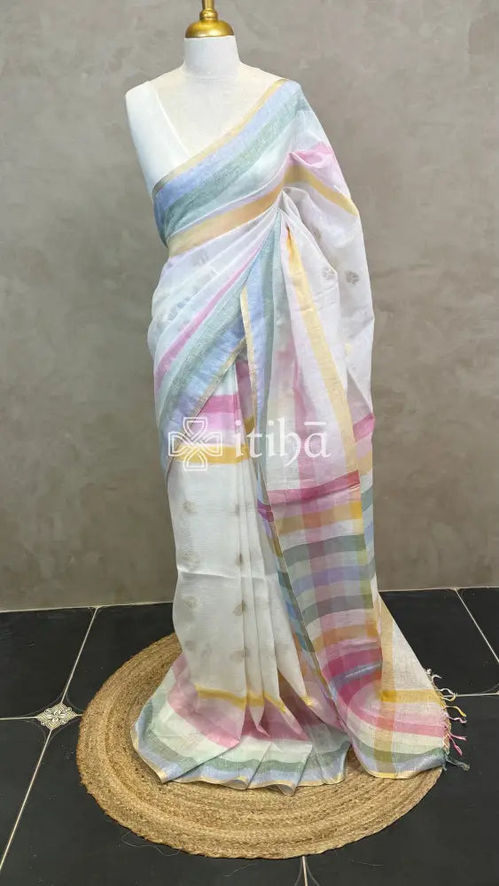 LINEN SAREE - White