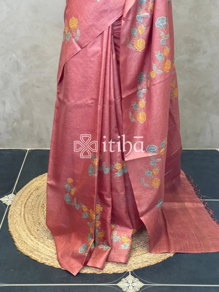 LINEN TUSSAR SILK EMBROIDERY SAREE