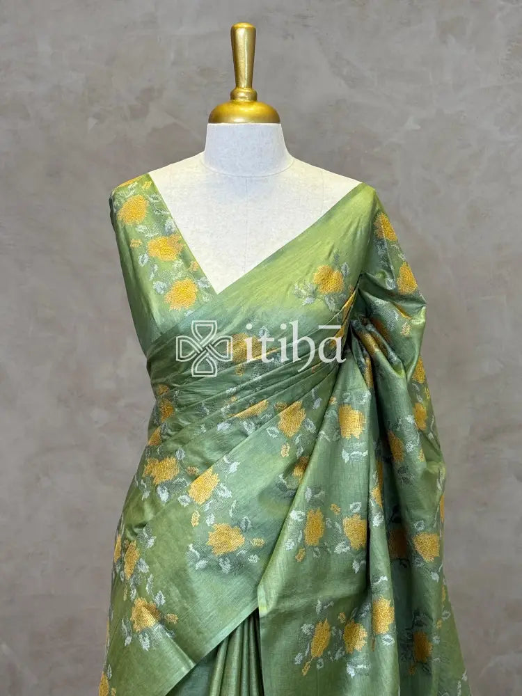 LINEN TUSSAR SILK EMBROIDERY SAREE - PASTEL GREEN