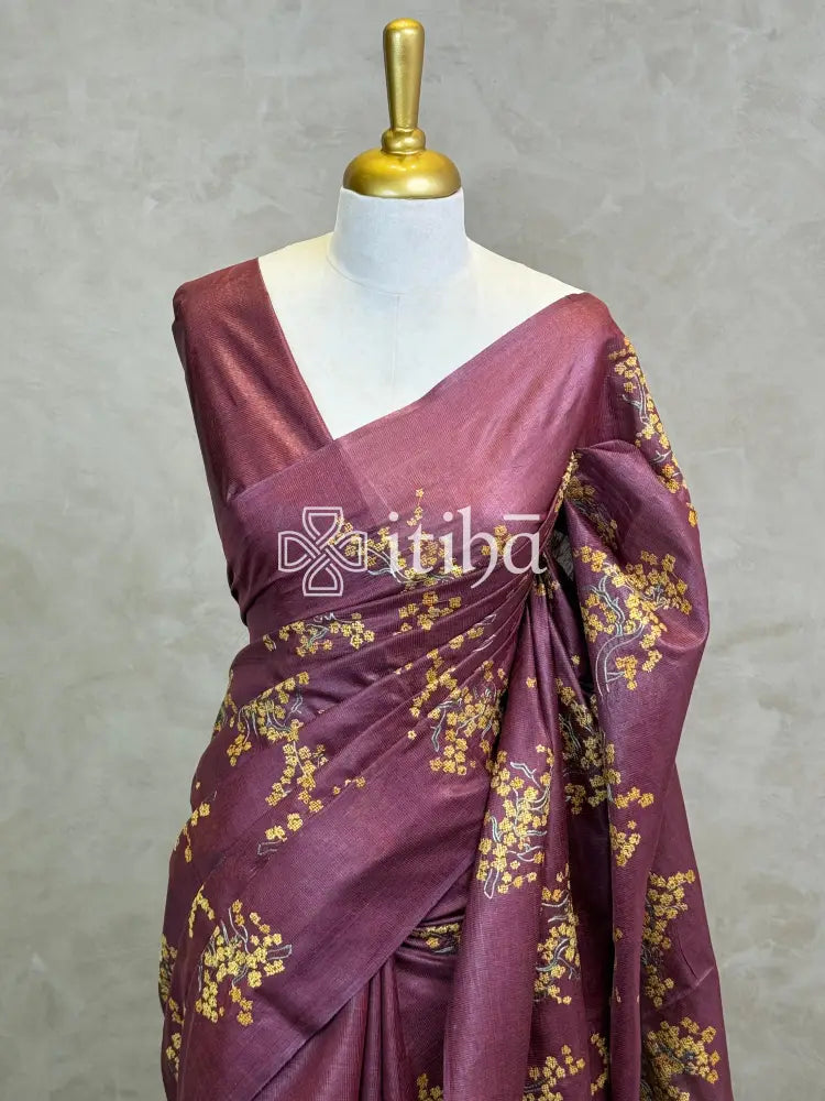 LINEN TUSSAR SILK EMBROIDERY SAREE