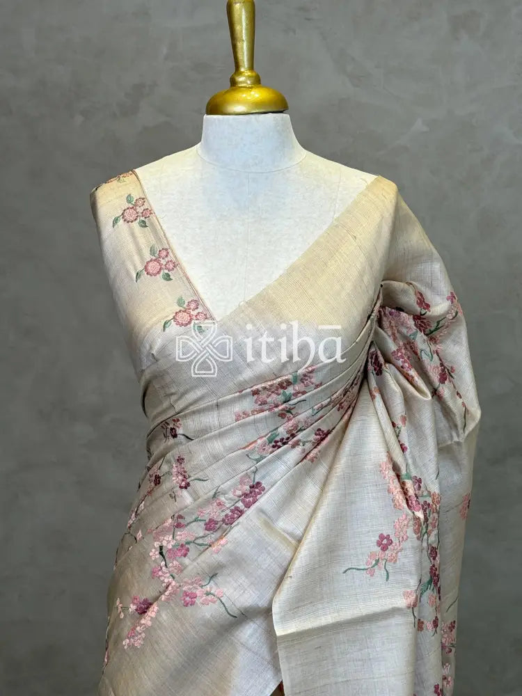 LINEN TUSSAR SILK EMBROIDERY SAREE