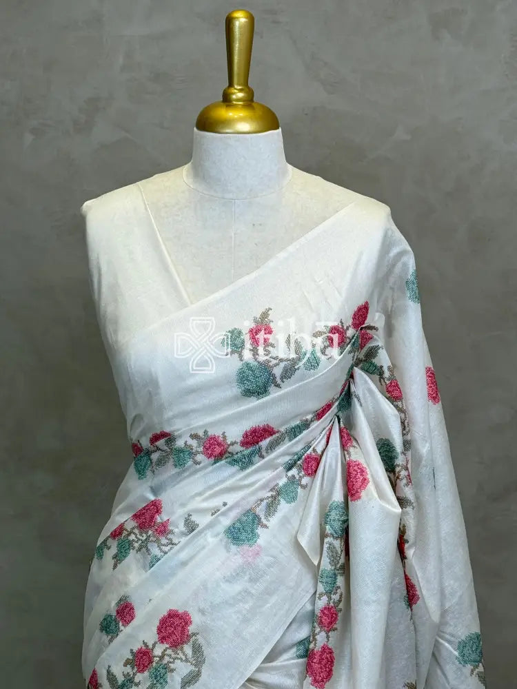 LINEN TUSSAR SILK EMBROIDERY SAREE