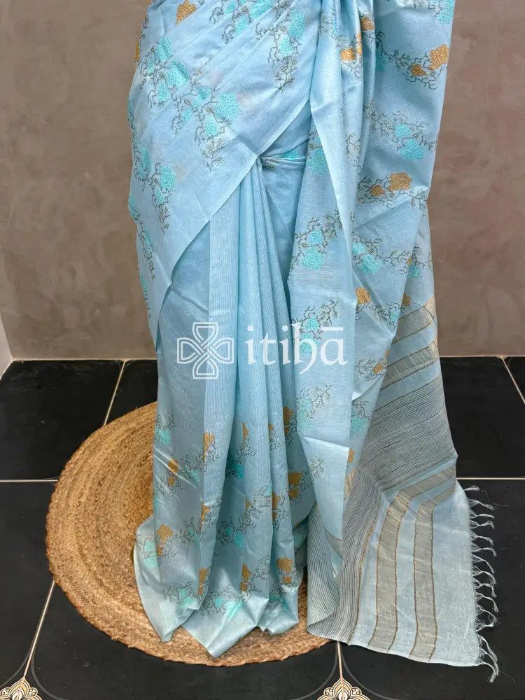 LINEN TUSSAR SILK EMBROIDERY SAREE - PASTEL AQUA GREEN