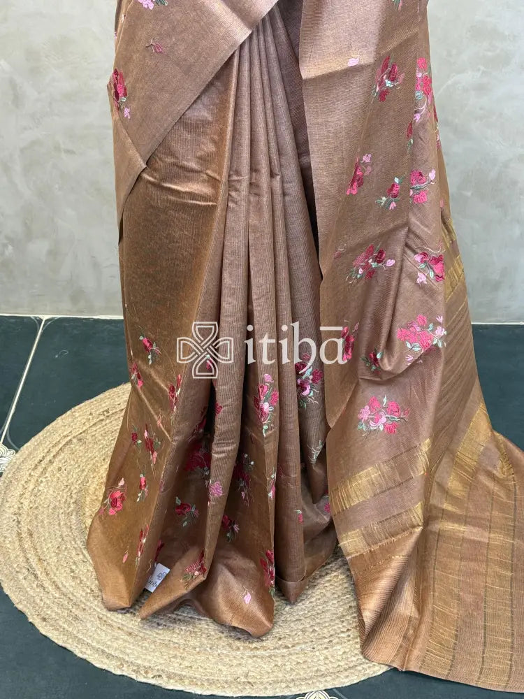 LINEN TUSSAR SILK EMBROIDERY SAREE