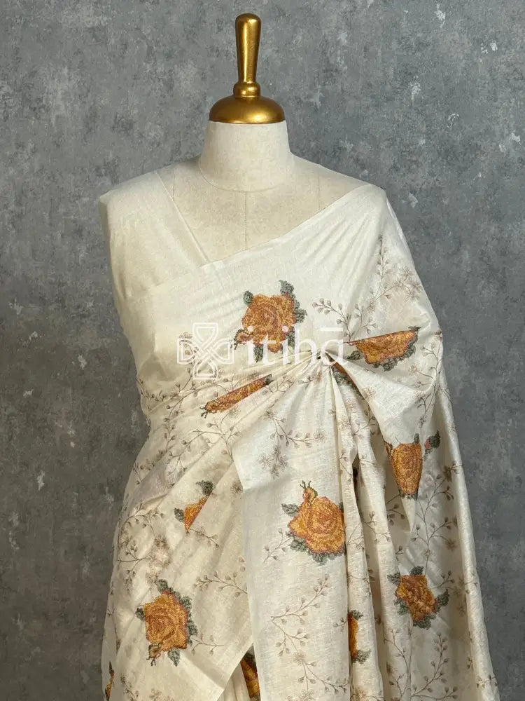 LINEN TUSSAR SILK EMBROIDERY SAREE