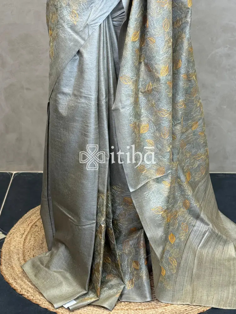LINEN TUSSAR SILK EMBROIDERY SAREE