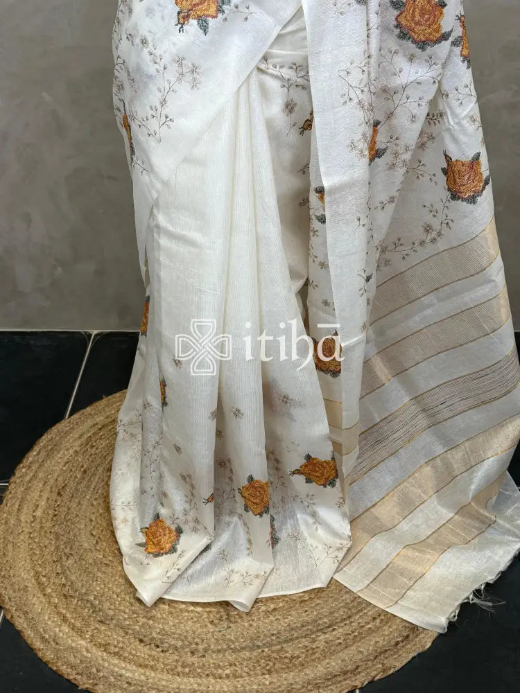 LINEN TUSSAR SILK EMBROIDERY SAREE - OFF WHITE