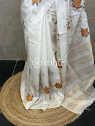 LINEN TUSSAR SILK EMBROIDERY SAREE - OFF WHITE