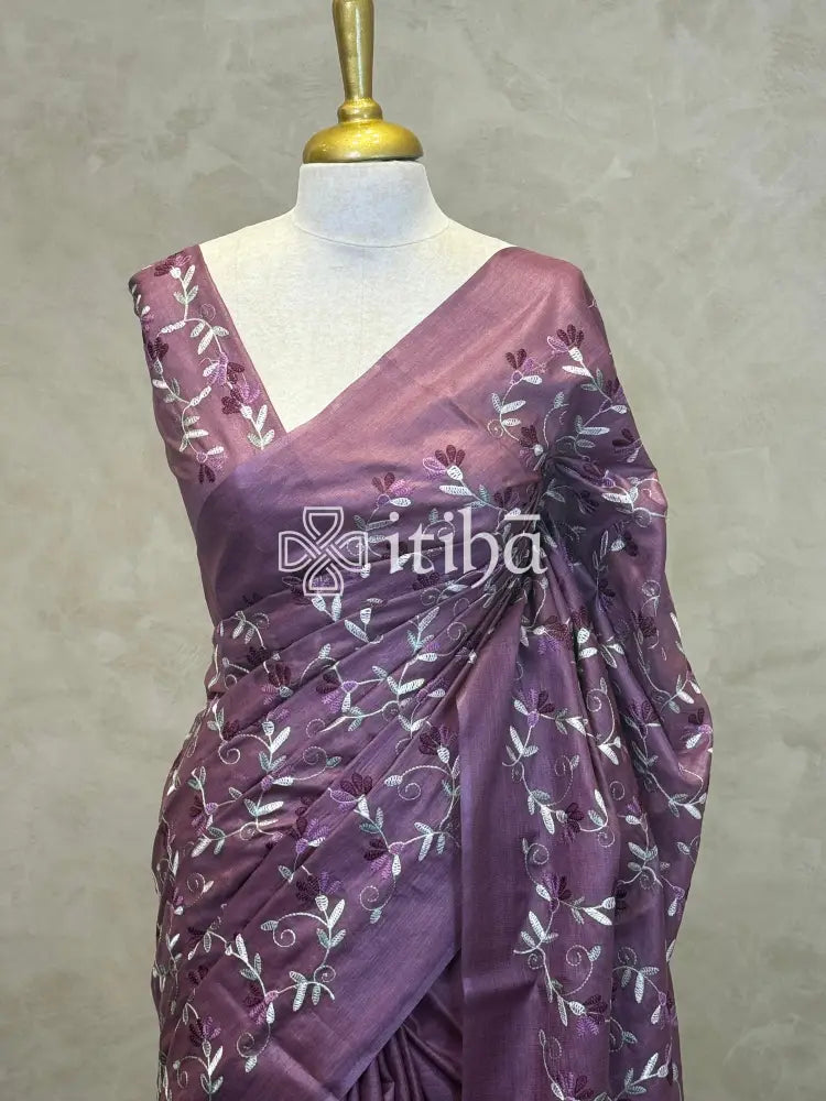 LINEN TUSSAR SILK EMBROIDERY SAREE