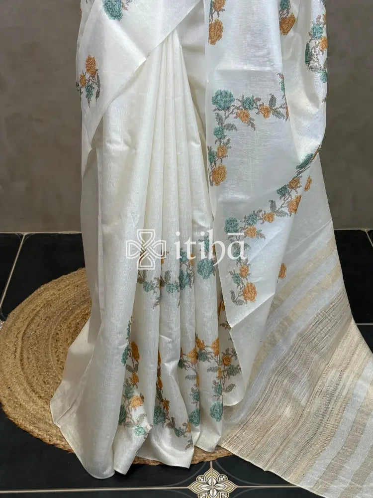 LINEN TUSSAR SILK EMBROIDERY SAREE