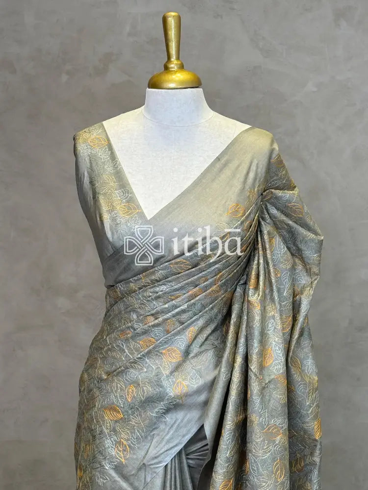 LINEN TUSSAR SILK EMBROIDERY SAREE