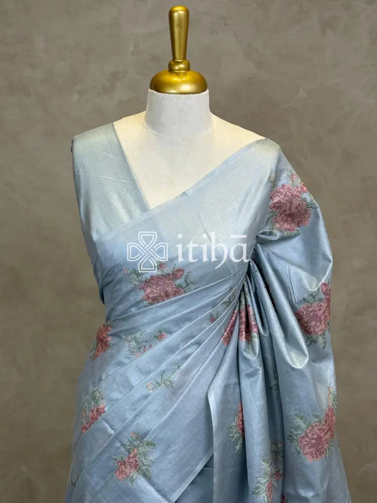LINEN TUSSAR SILK EMBROIDERY SAREE