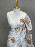 LINEN TUSSAR SILK EMBROIDERY SAREE - OFF WHITE